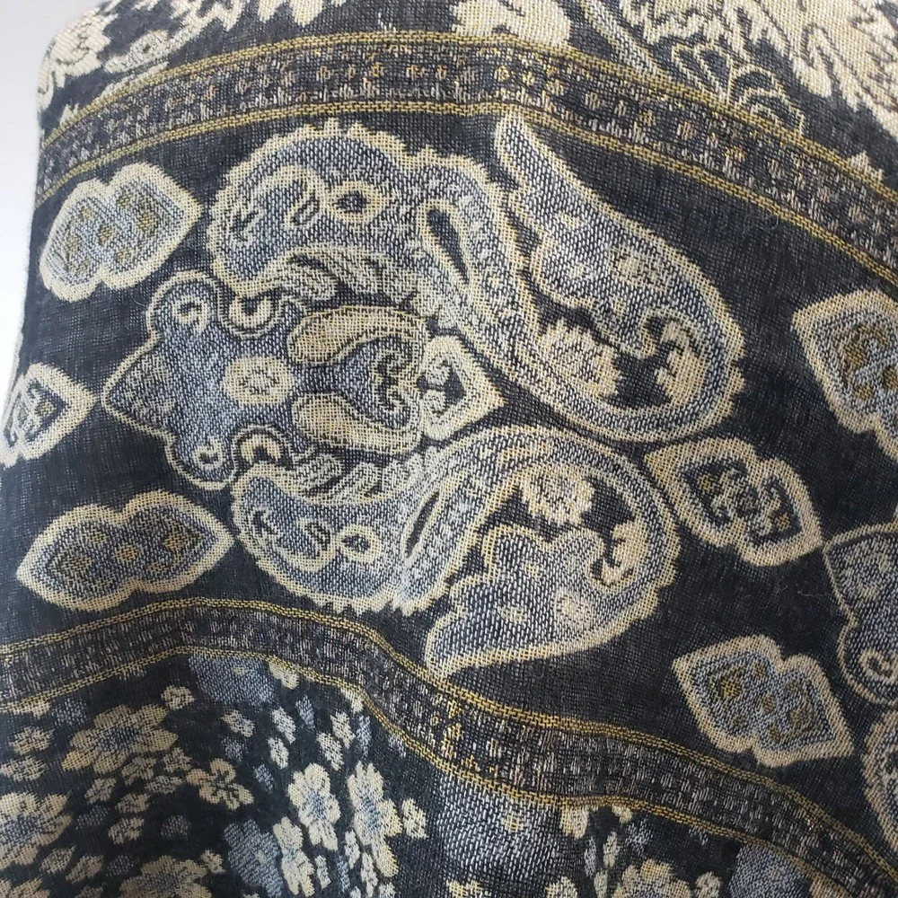 Pashmina Floral Paisley Scarf Shawl Wrap Women OS Black Gold Metallic Fringe